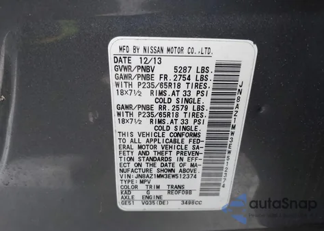 2014 Nissan Murano Le/S/Sl/Sv из США, поврежденный, VIN JN8AZ1MW3EW512374